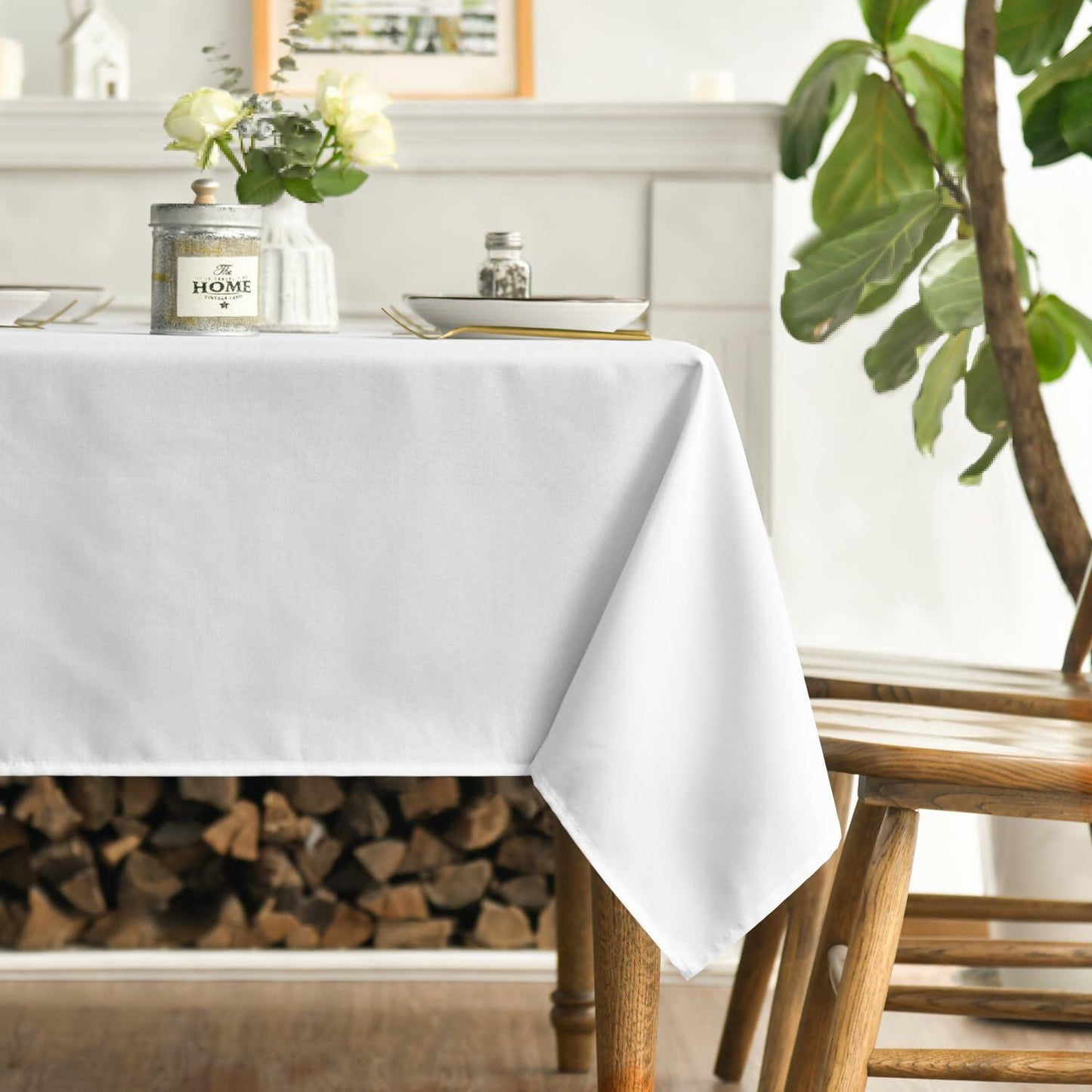 Horaldaily White Rectangular Tablecloth 60x120in Polyester Stain Resistant