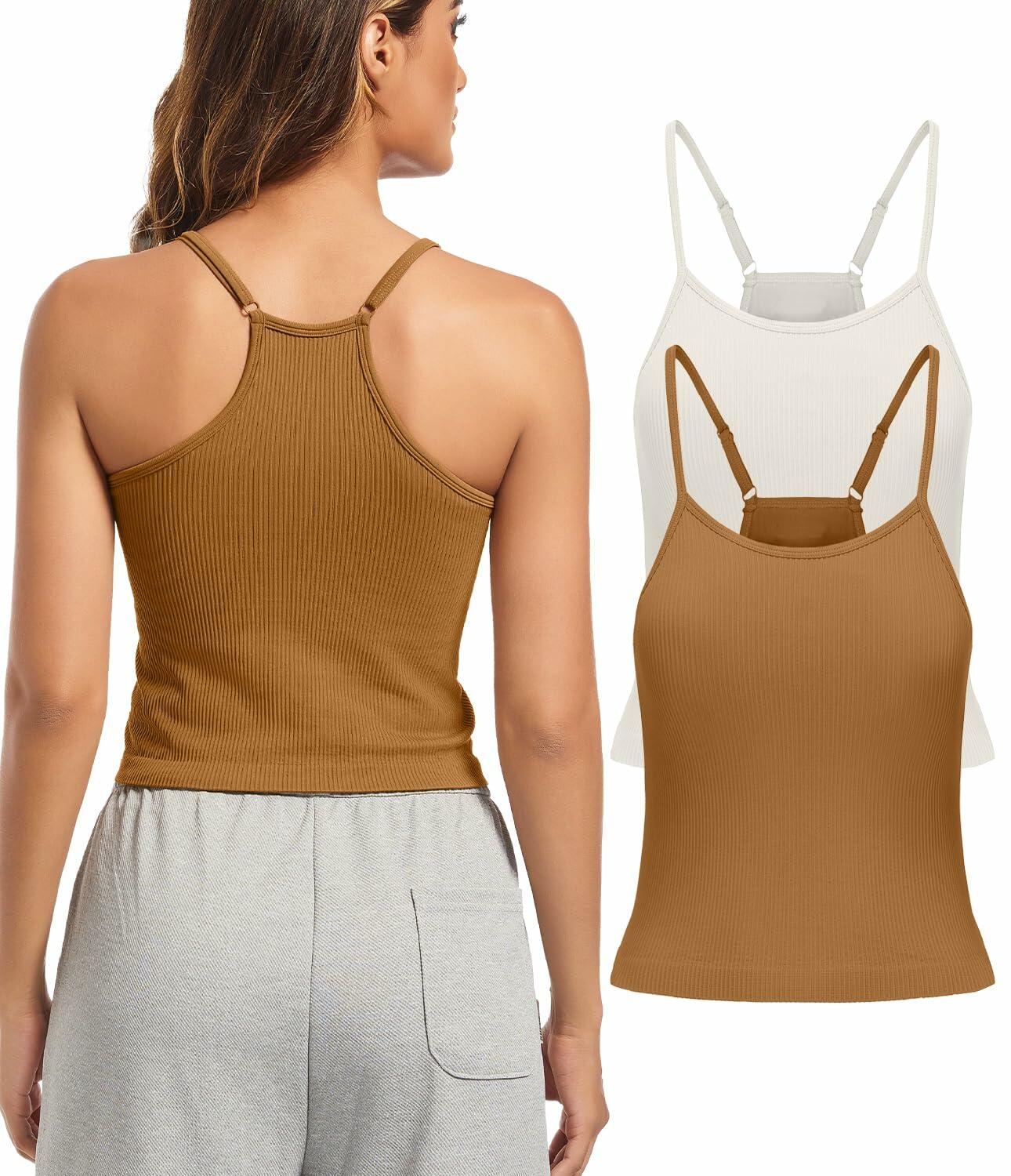 OVESPORT 2Pack Workout Tank Tops Women Built-in Bra Brown+White Size L