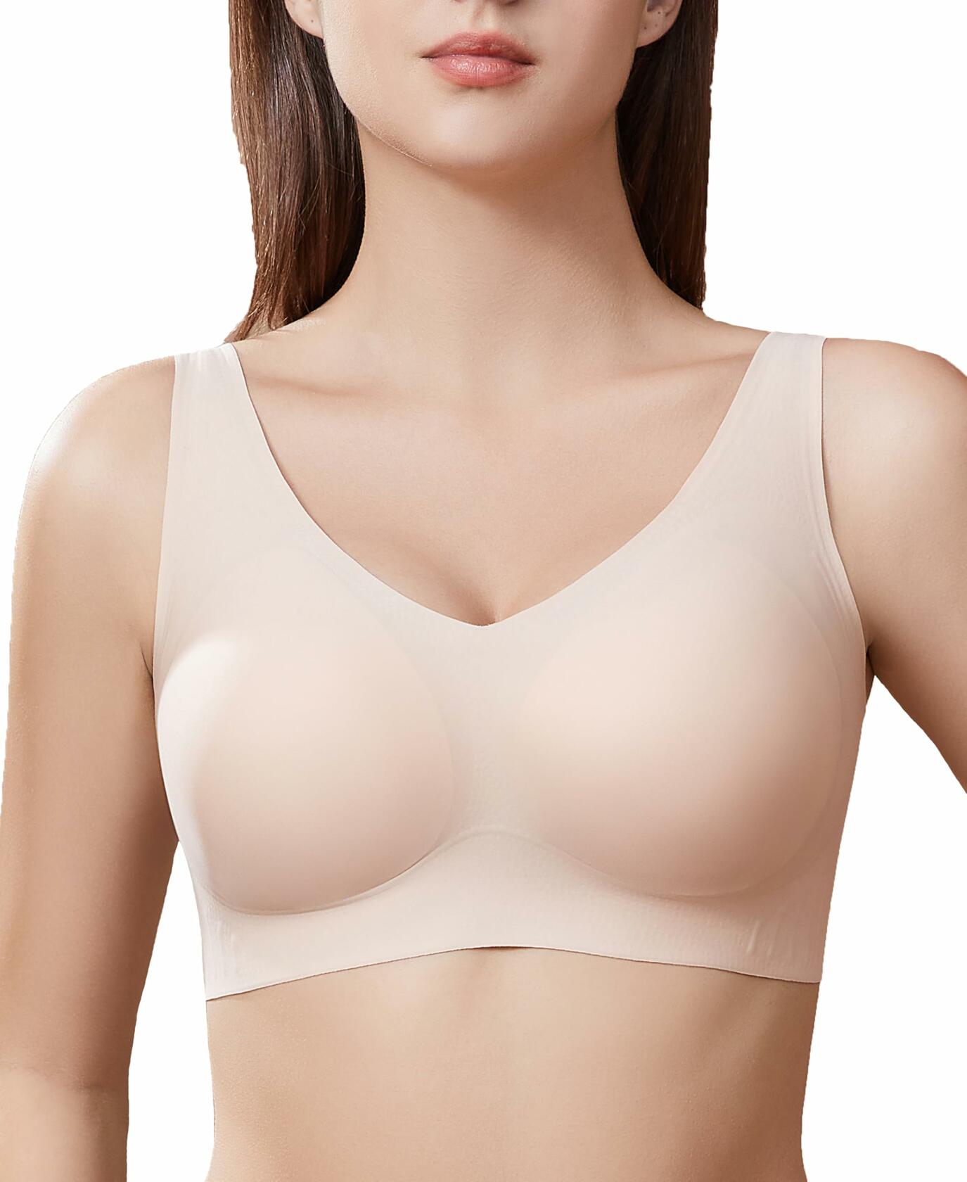 PRETTYWELL Wireless Seamless Comfort Bra for Women V-Neck Padded Pink