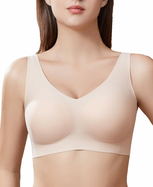 PRETTYWELL Wireless Seamless Comfort Bra for Women V-Neck Padded Pink