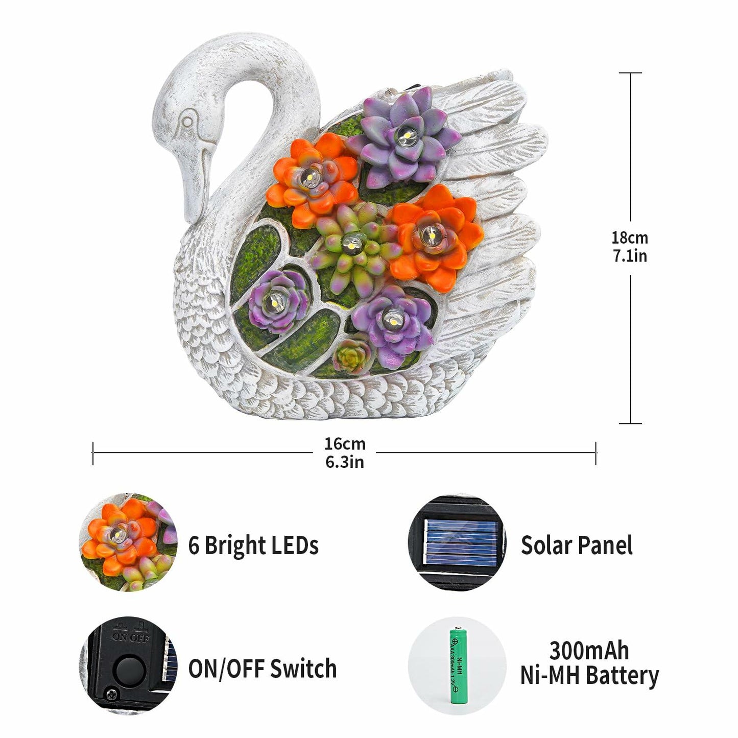 ENOU Solar Garden Swan Statue Outdoor Patio Yard Decor White Metal