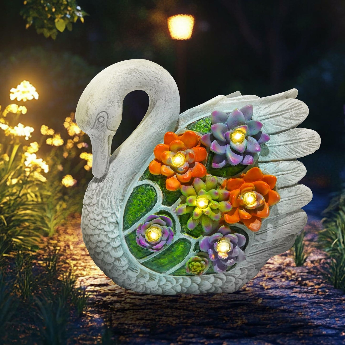 ENOU Solar Garden Swan Statue Outdoor Patio Yard Decor White Metal