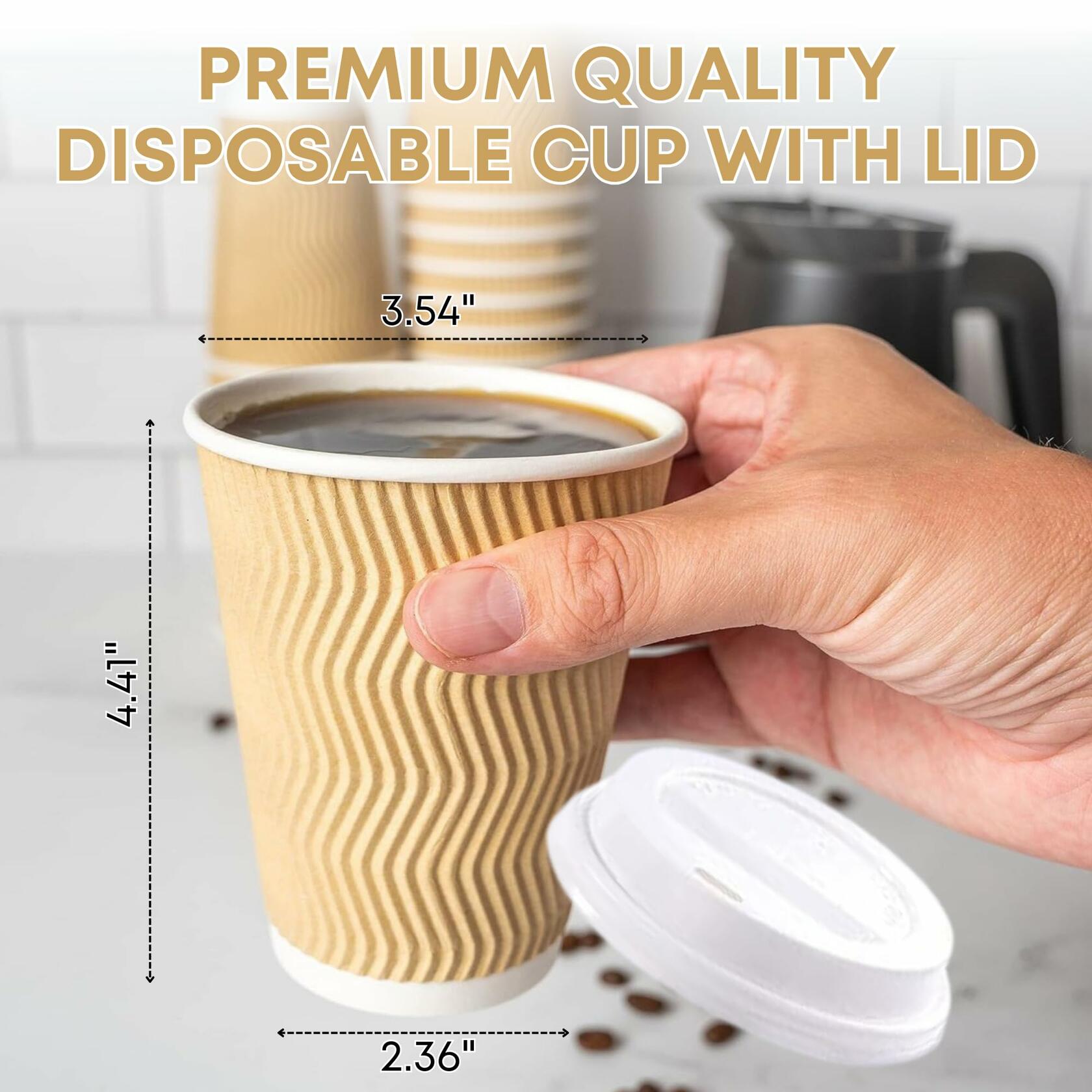 WellMellon 12oz Ripple Wall Disposable Coffee Cups with Lids 50 Count