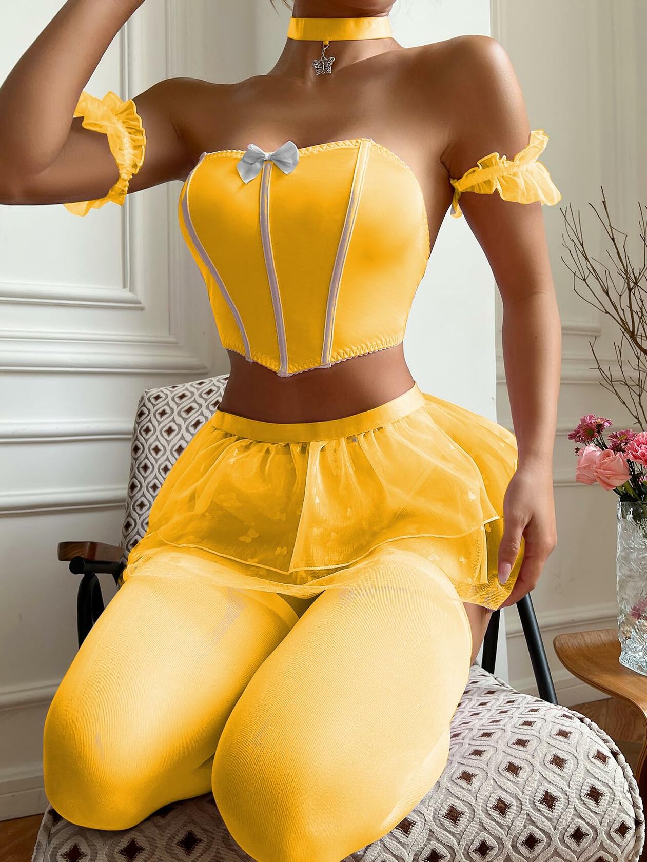 OYOANGLE Women's 6pc Babydoll Lingerie Set Bow Front Chemise Skirt Yellow XL