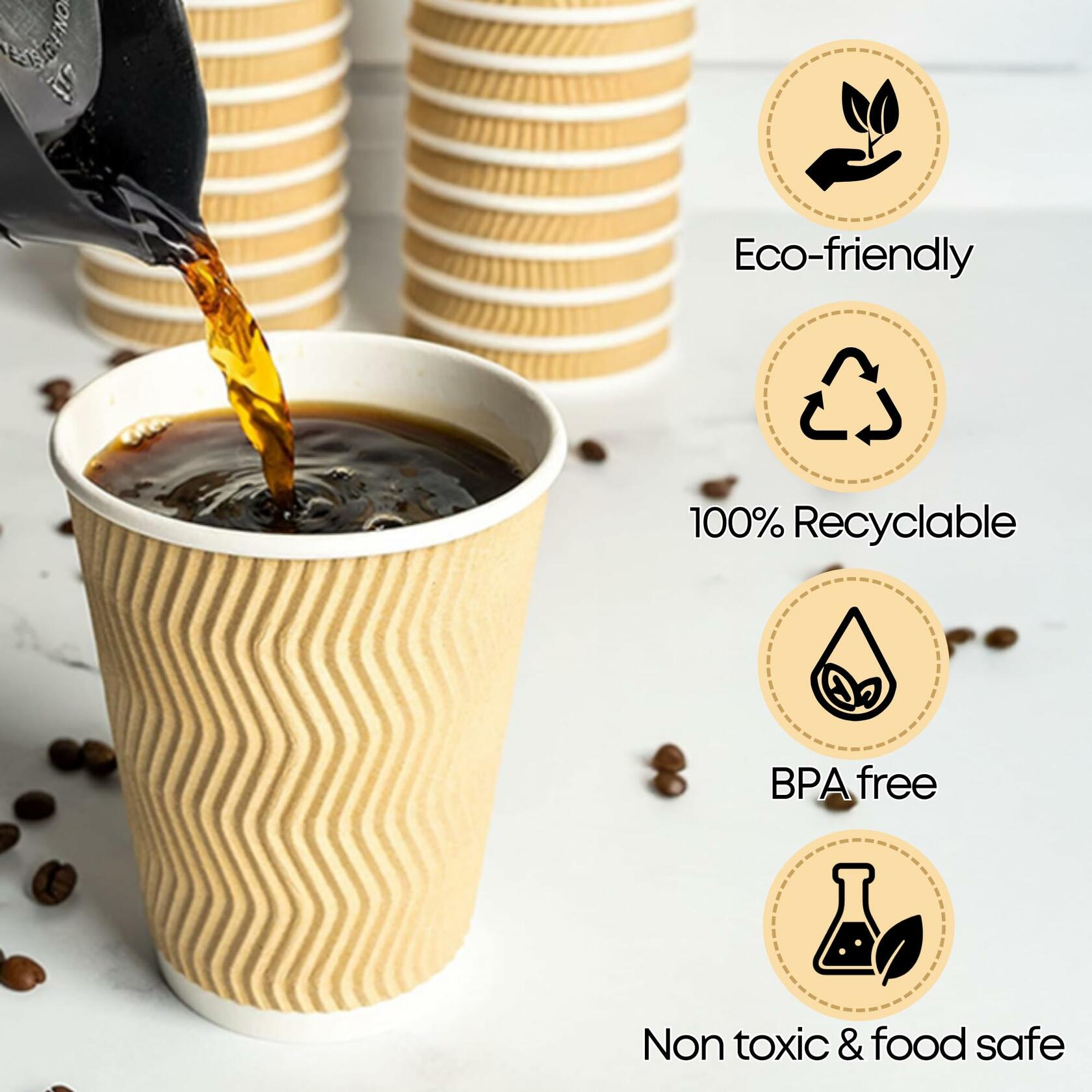 WellMellon 12oz Ripple Wall Disposable Coffee Cups with Lids 50 Count