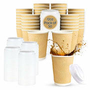 WellMellon 12oz Ripple Wall Disposable Coffee Cups with Lids 50 Count
