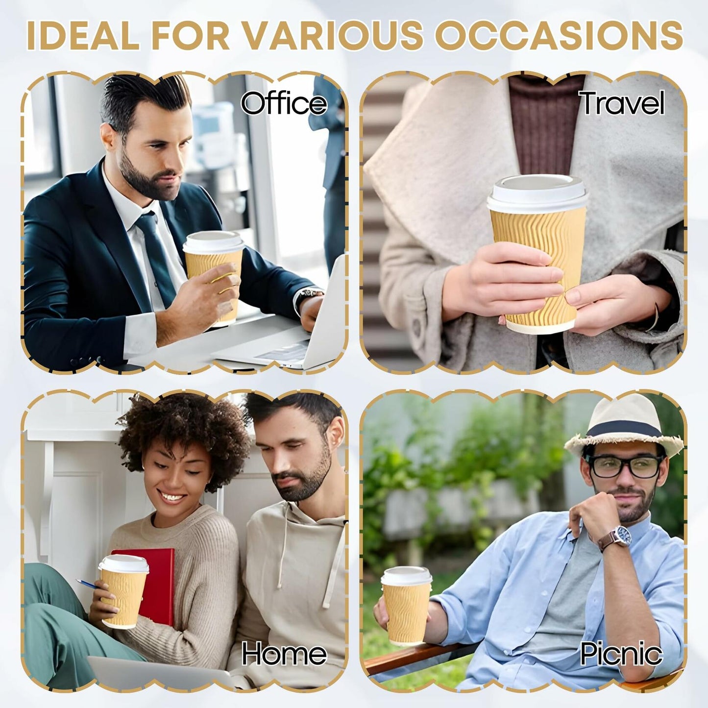 WellMellon 12oz Ripple Wall Disposable Coffee Cups with Lids 50 Count