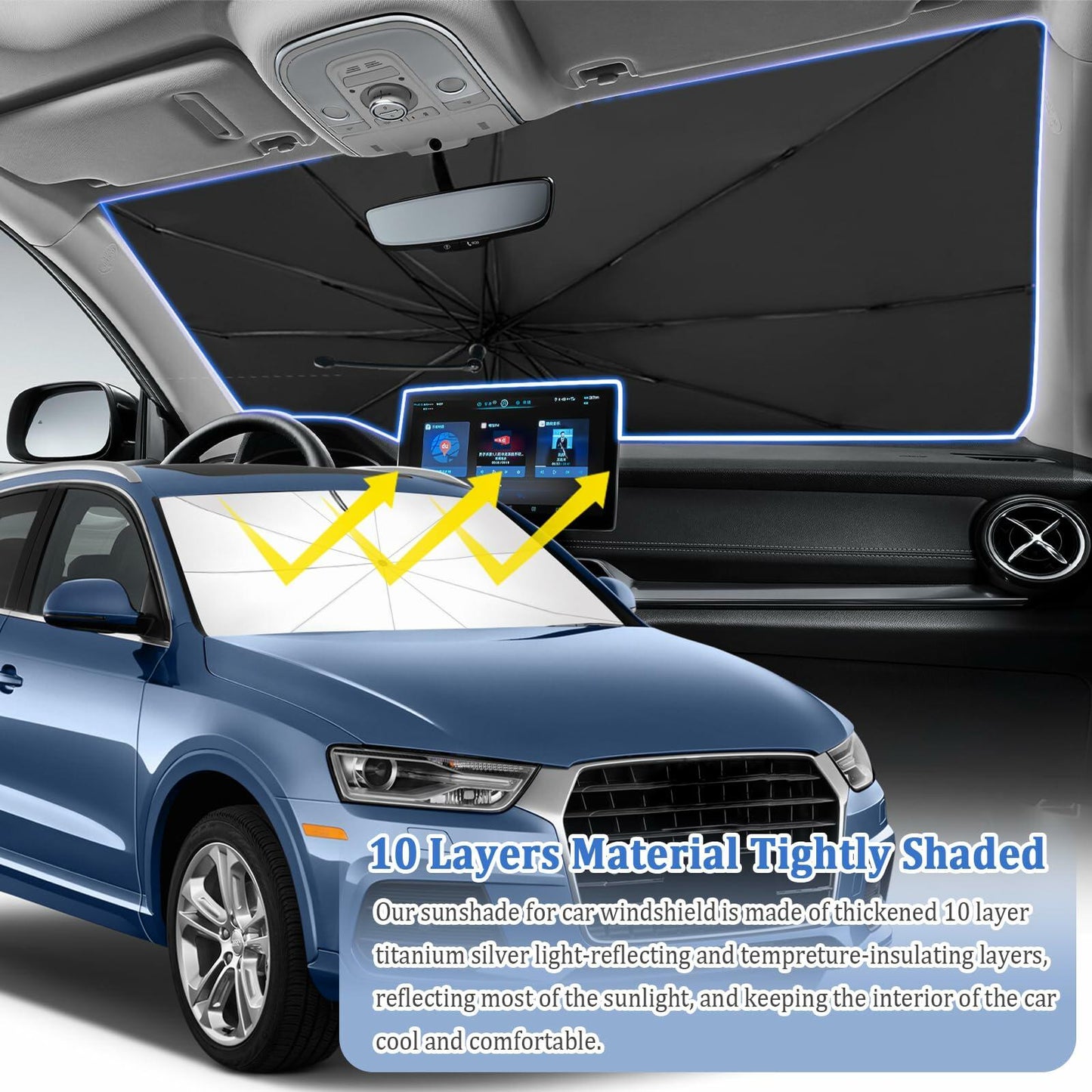 Car Windshield Sun Shade 2025 Upgrade Foldable with Bendable Handle