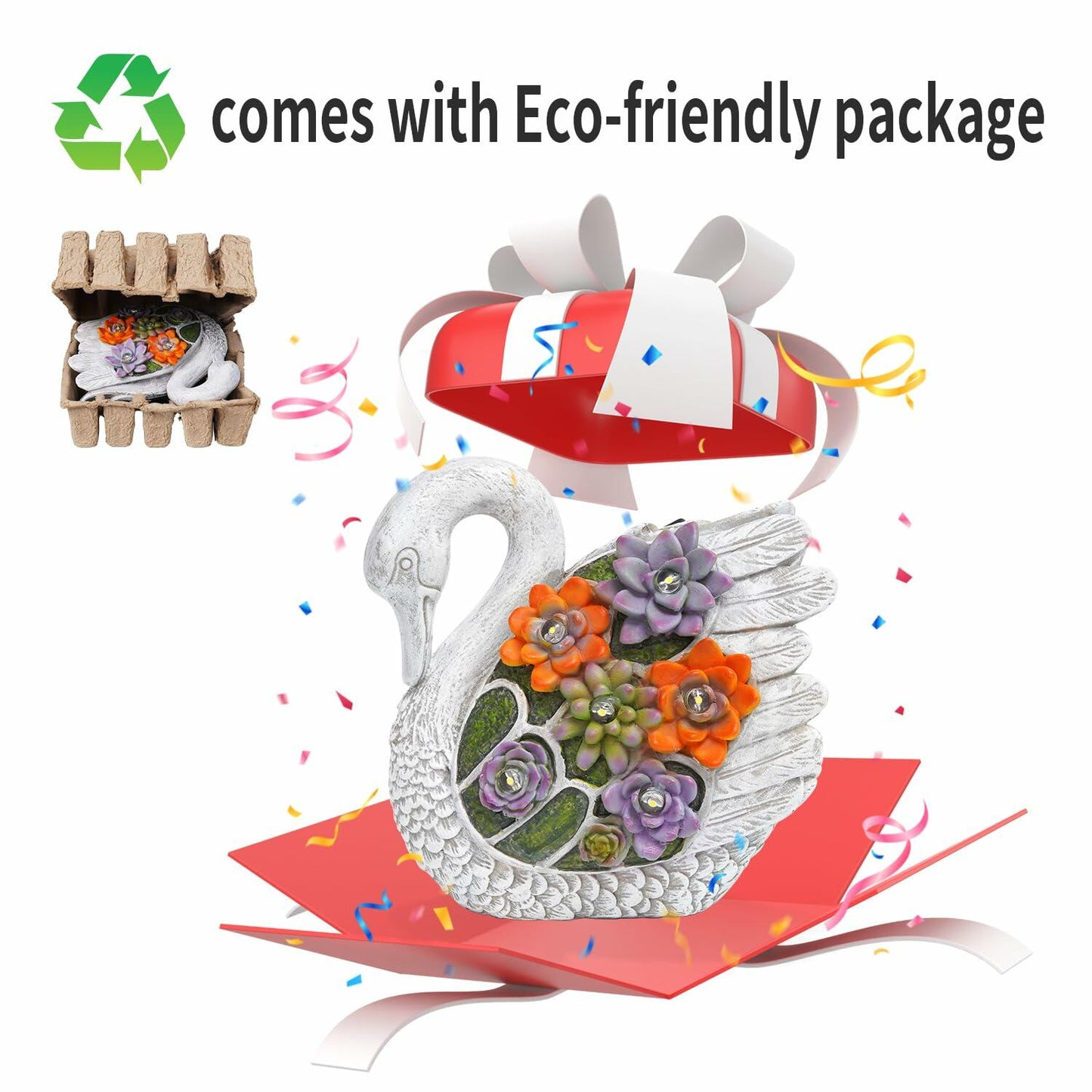 ENOU Solar Garden Swan Statue Outdoor Patio Yard Decor White Metal