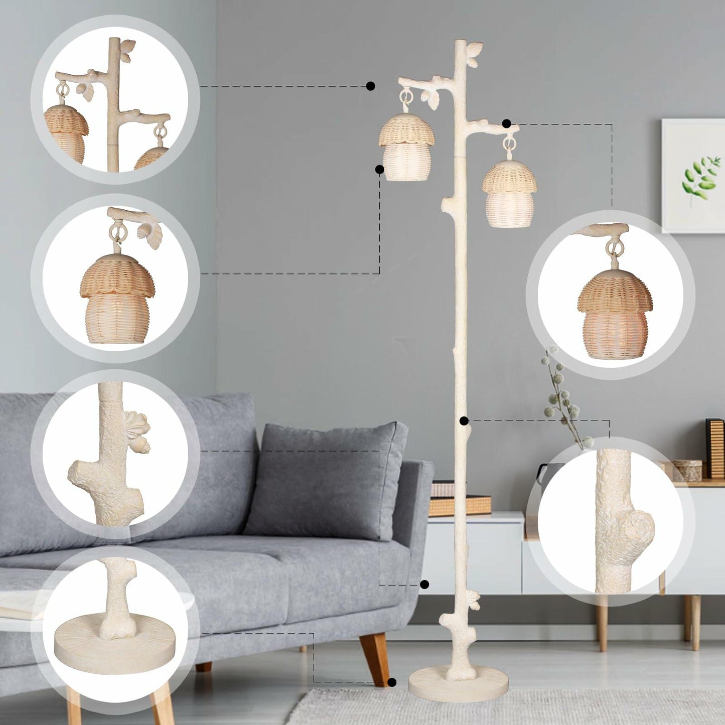 WOXXX Rattan Floor Lamp Faux Wood Finish Boho Leaves Decor Beige