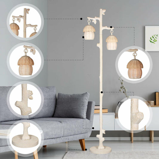 WOXXX Rattan Floor Lamp Faux Wood Finish Boho Leaves Decor Beige
