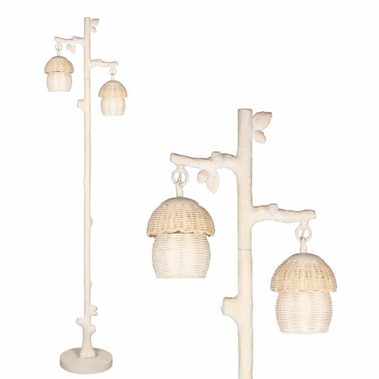 WOXXX Rattan Floor Lamp Faux Wood Finish Boho Leaves Decor Beige