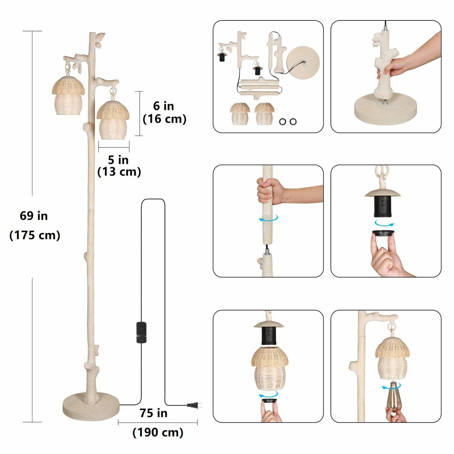 WOXXX Rattan Floor Lamp Faux Wood Finish Boho Leaves Decor Beige