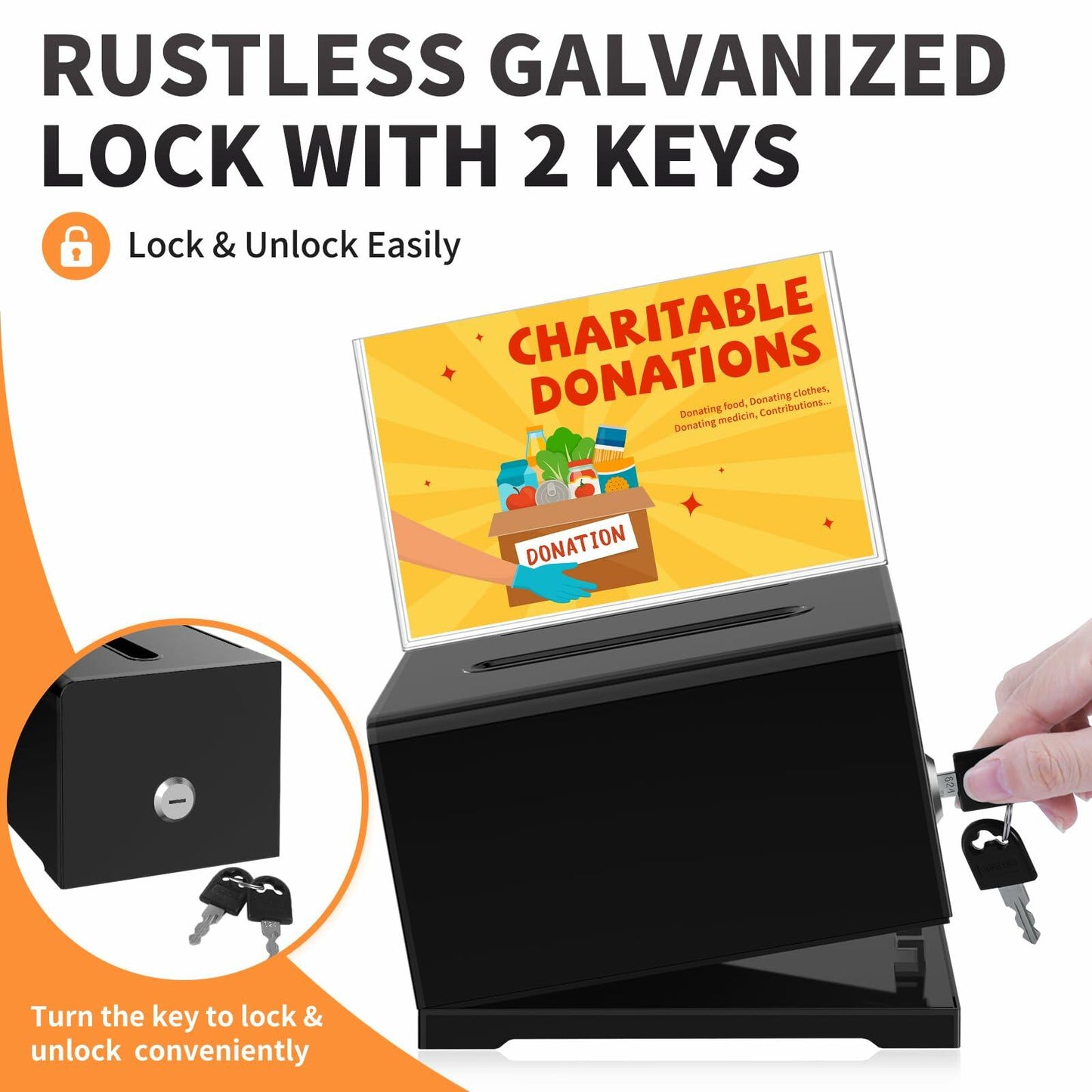 KABOSHI Donation Box with Lock & Sign Holder, Clear Acrylic, Black 3 Pack