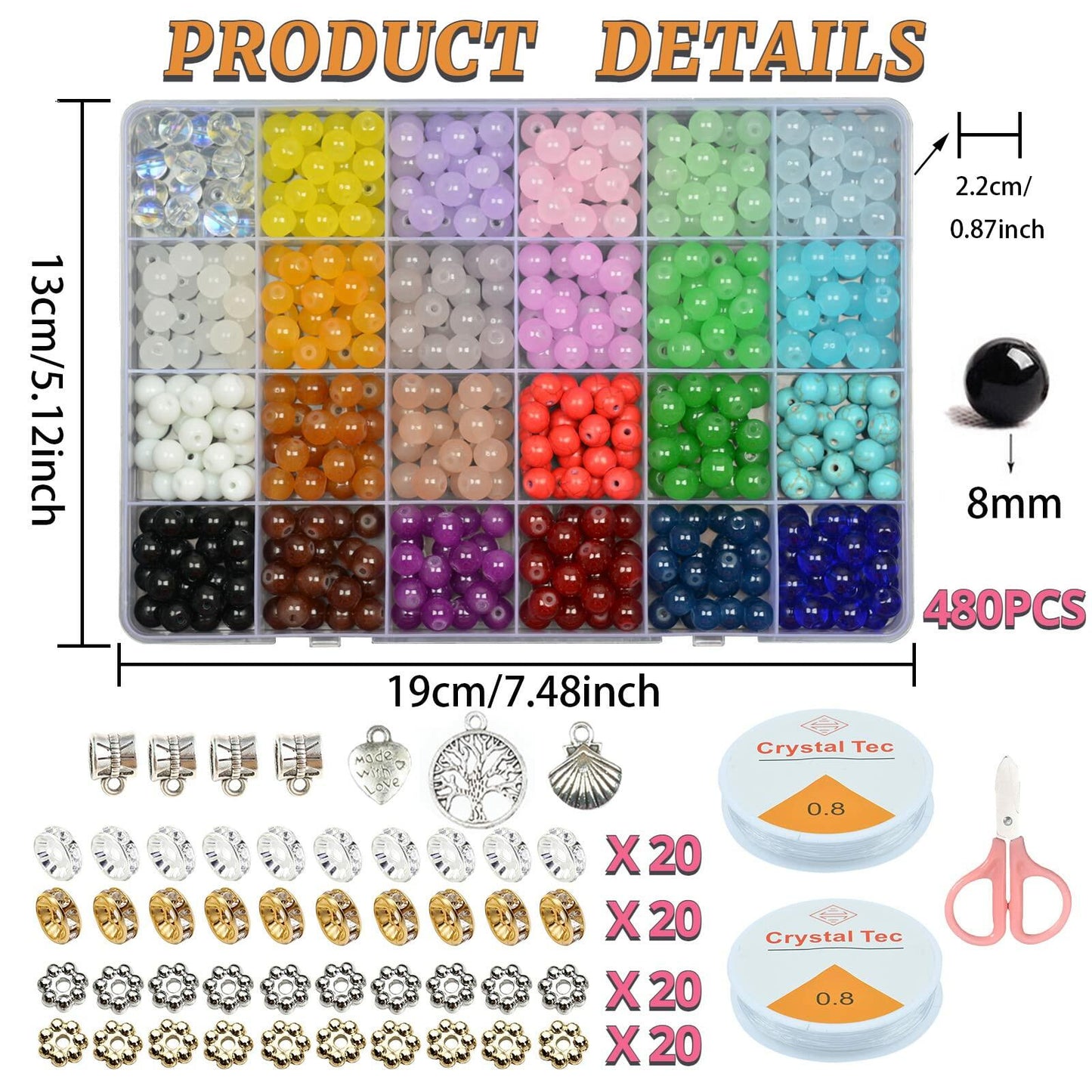 JIYIEW 8mm Glass Beads 24 Colors 575Pcs DIY Jewelry Making Kit Turquoise