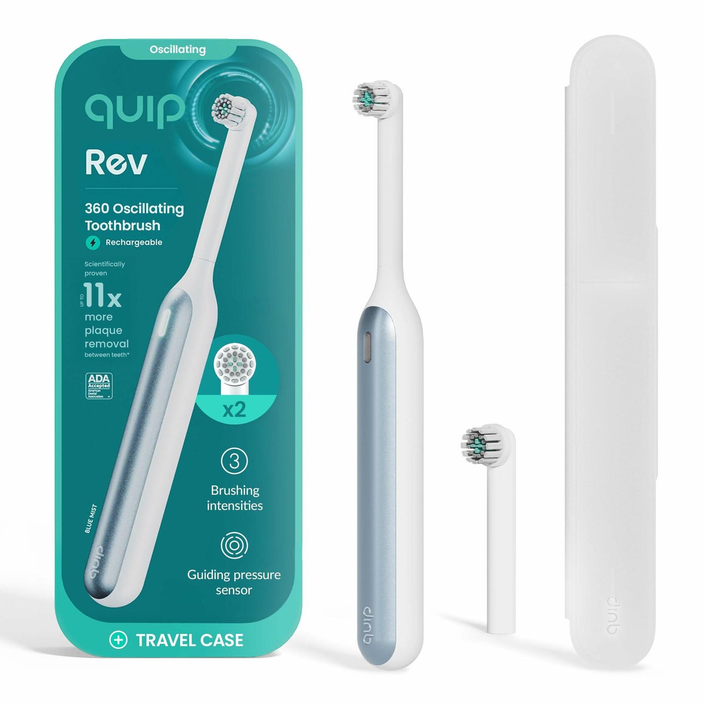 QuipRev 360 Oscillating Rechargeable Electric Toothbrush Soft Bristles Blue Mist