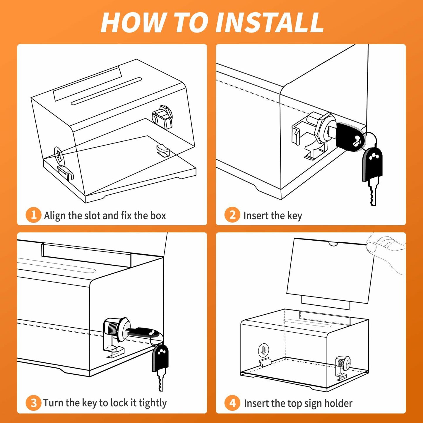 KABOSHI Donation Box with Lock & Sign Holder, Clear Acrylic, Black 3 Pack