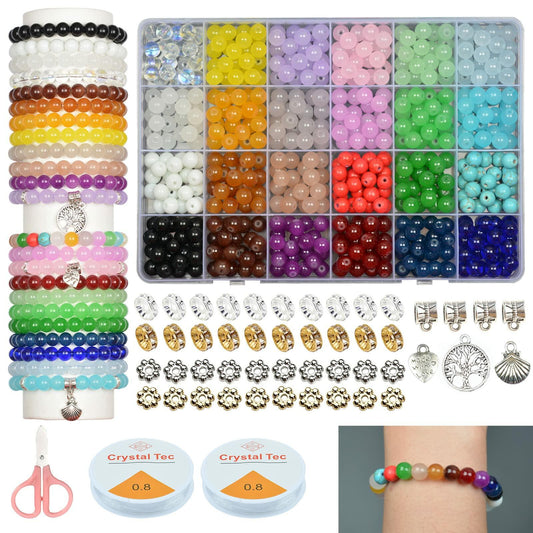 JIYIEW 8mm Glass Beads 24 Colors 575Pcs DIY Jewelry Making Kit Turquoise