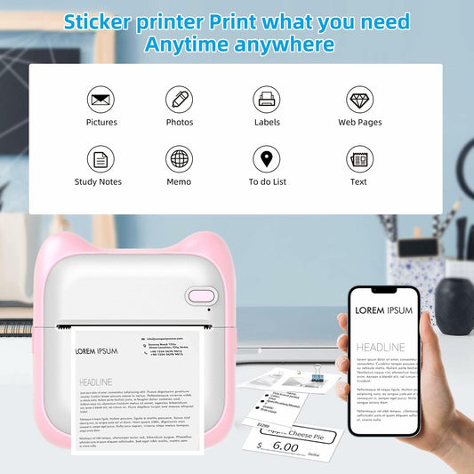 PRINHSJI Mini Portable Thermal Sticker Printer Inkless Bluetooth iOS Android