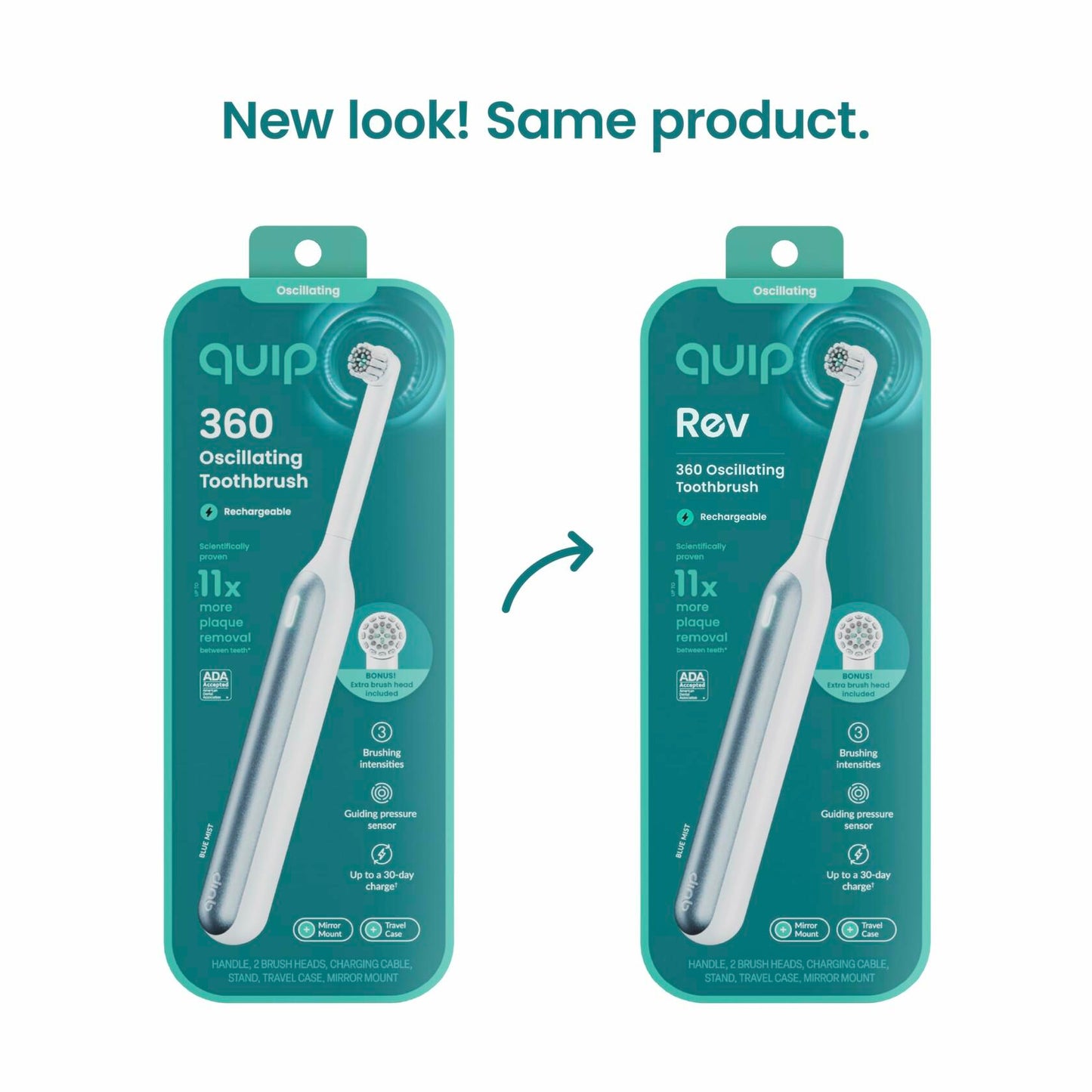 QuipRev 360 Oscillating Rechargeable Electric Toothbrush Soft Bristles Blue Mist