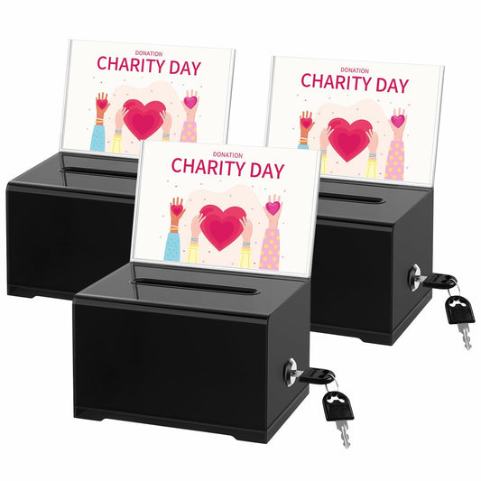 KABOSHI Donation Box with Lock & Sign Holder, Clear Acrylic, Black 3 Pack