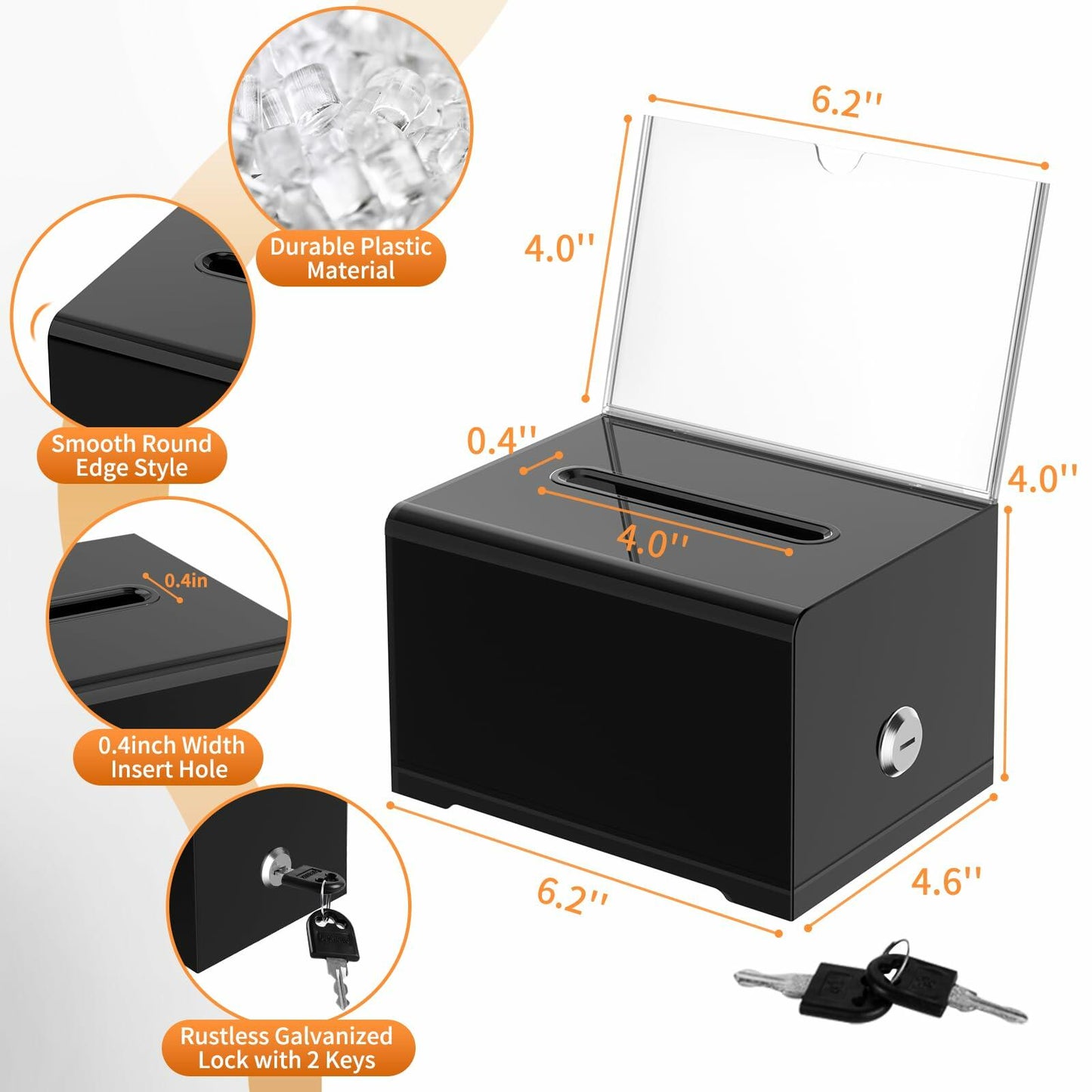 KABOSHI Donation Box with Lock & Sign Holder, Clear Acrylic, Black 3 Pack