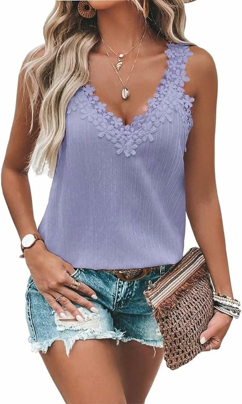 AIMITAG Guipure Lace Panel Tank Top Women V Neck Sleeveless Blouse Purple Size L