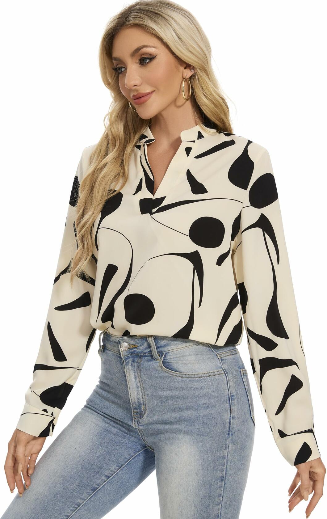 VIPONES Women V Neck Long Puff Sleeve Floral Blouse 530-floral White XL