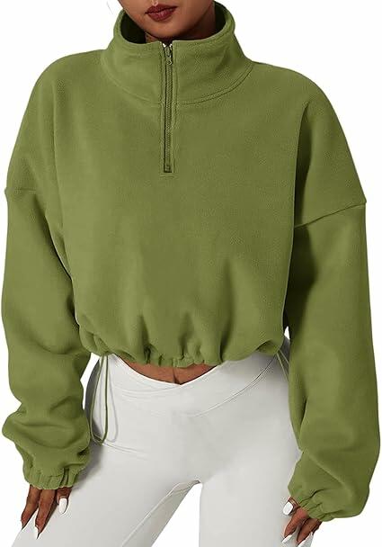 Muchpow Women's Casual Half Zip Fleece Crop Hoodie Khaki Size XL