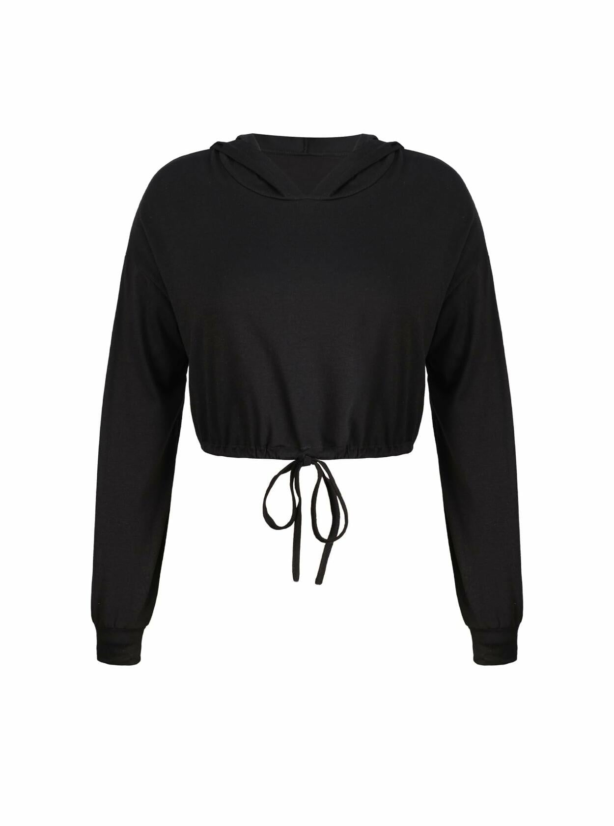 LovelyWholesale Womens Cropped Hoodie Long Sleeve Workout Top Black XL