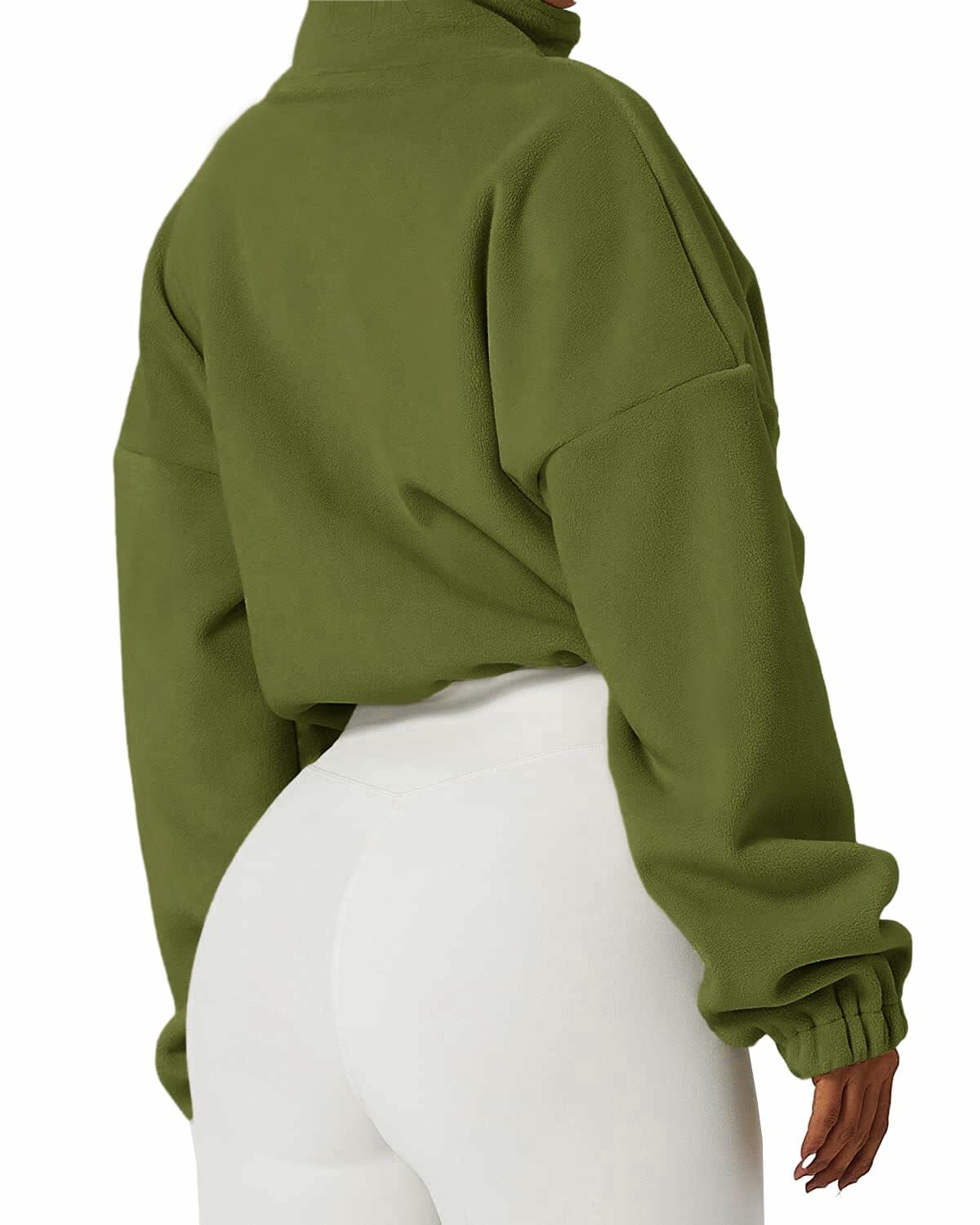 Muchpow Women's Casual Half Zip Fleece Crop Hoodie Khaki Size XL