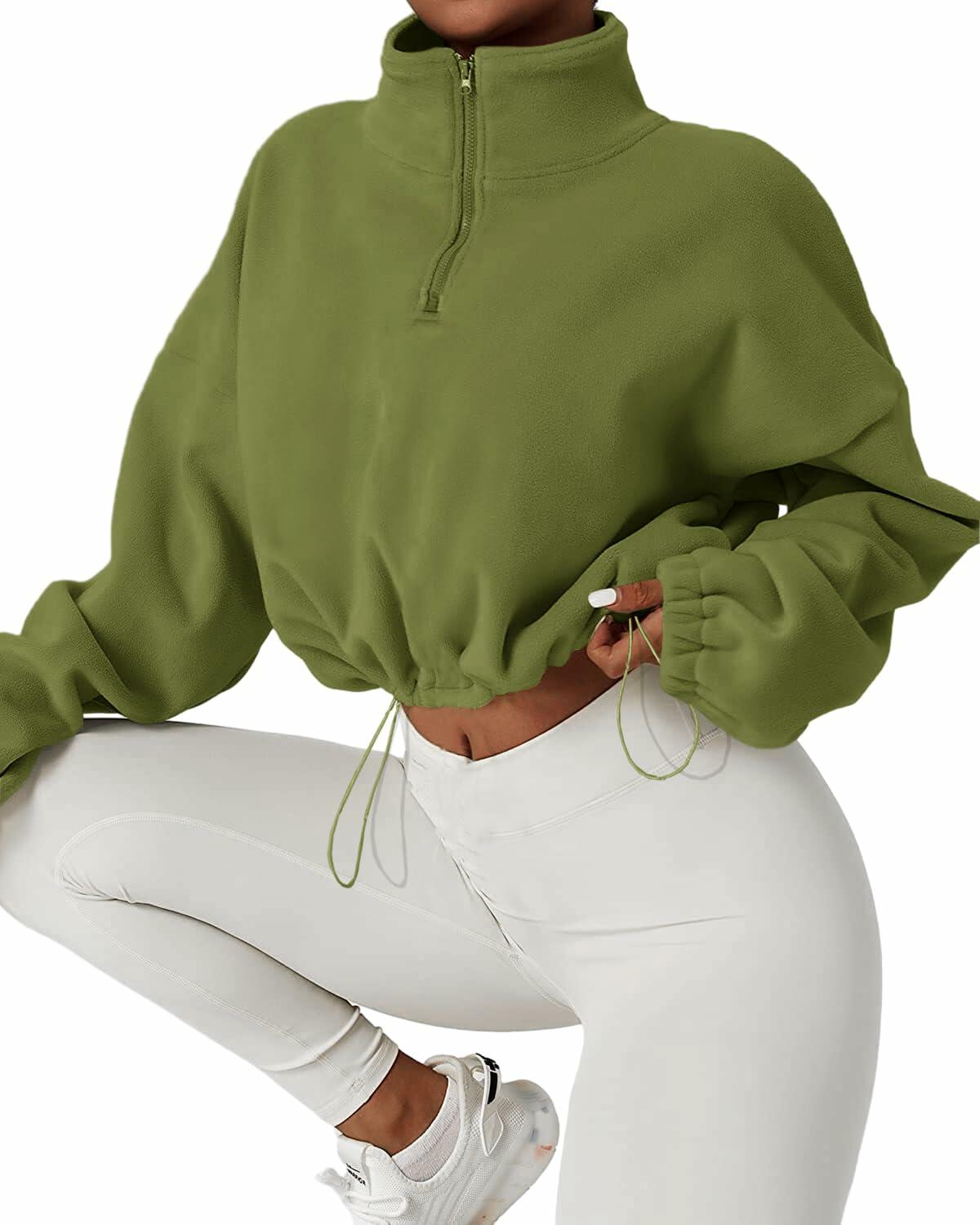 Muchpow Women's Casual Half Zip Fleece Crop Hoodie Khaki Size XL