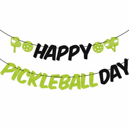 Little Man Happy Pickleball Day Banner Green Black Glitter Cardstock