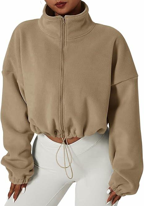 Muchpow Women's Casual Half Zip Fleece Crop Hoodie Khaki Size XL