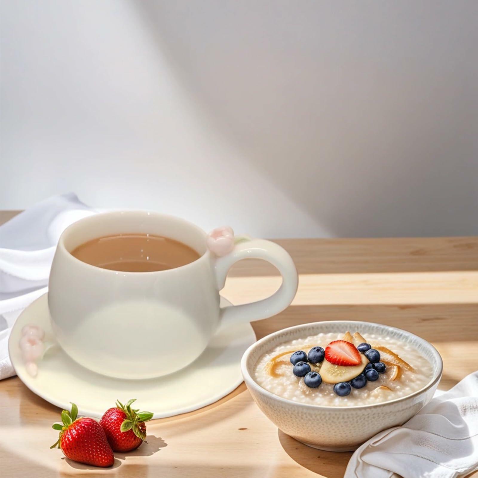 ARGUMENTATION Creative Kawaii Cherry Ceramic Coffee Mug 10oz White with Coaster