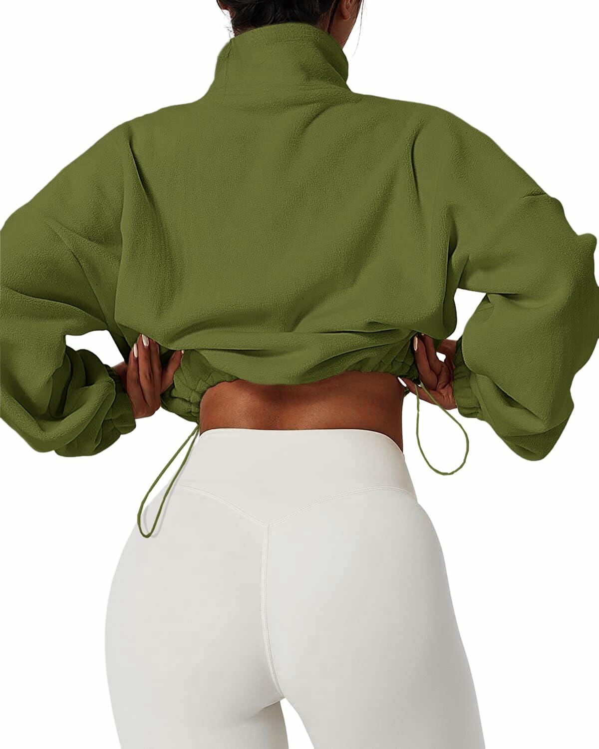 Muchpow Women's Casual Half Zip Fleece Crop Hoodie Khaki Size XL