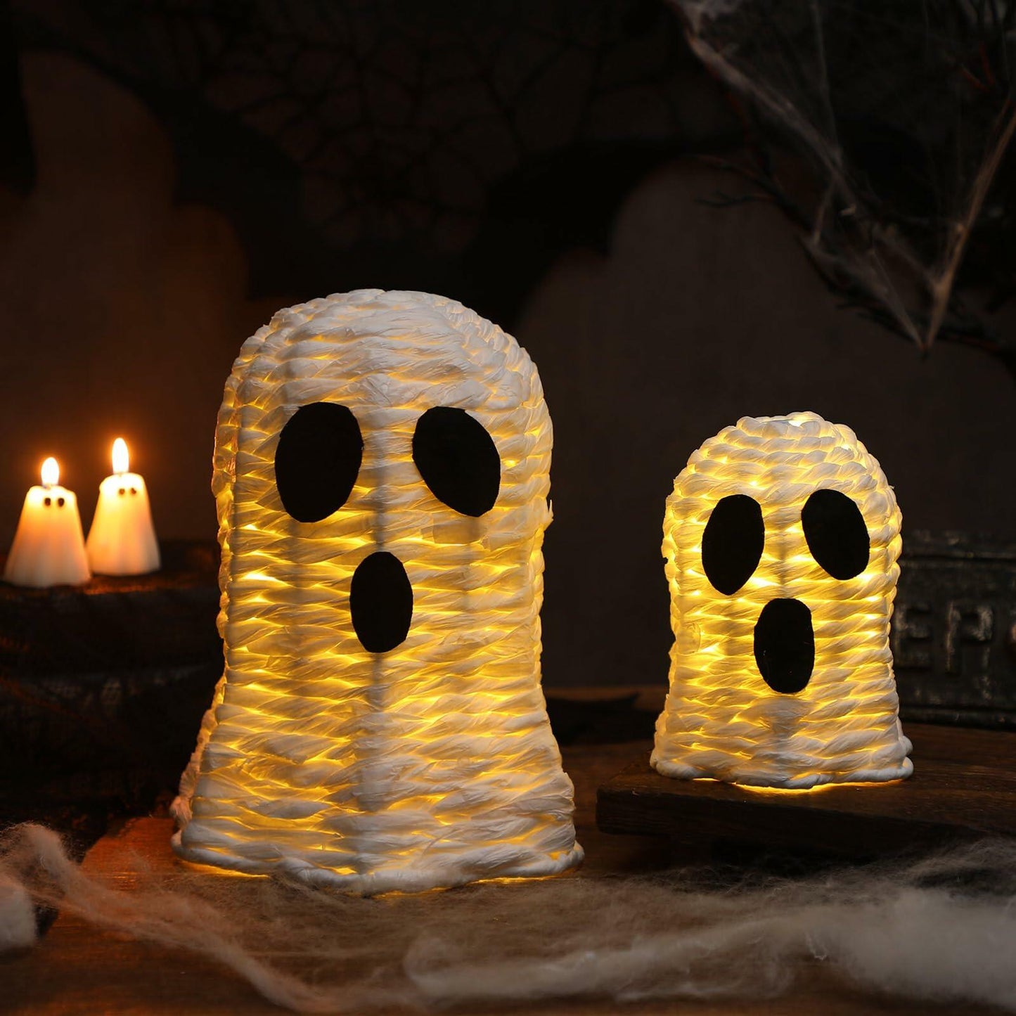 Soulchen Halloween Rattan Ghosts Decor 9.4" & 5.9" Light Up White 2 Pcs