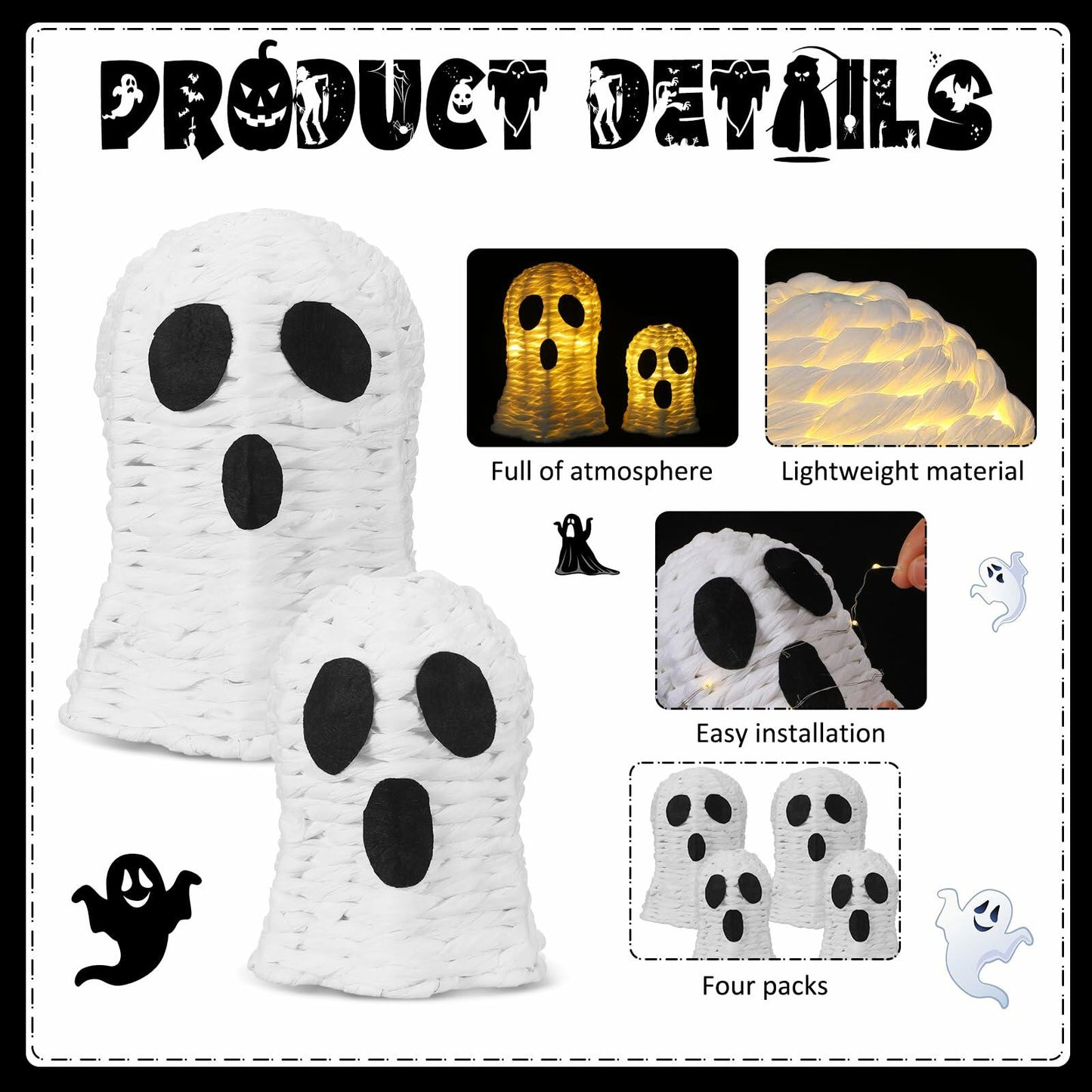 Soulchen Halloween Rattan Ghosts Decor 9.4" & 5.9" Light Up White 2 Pcs