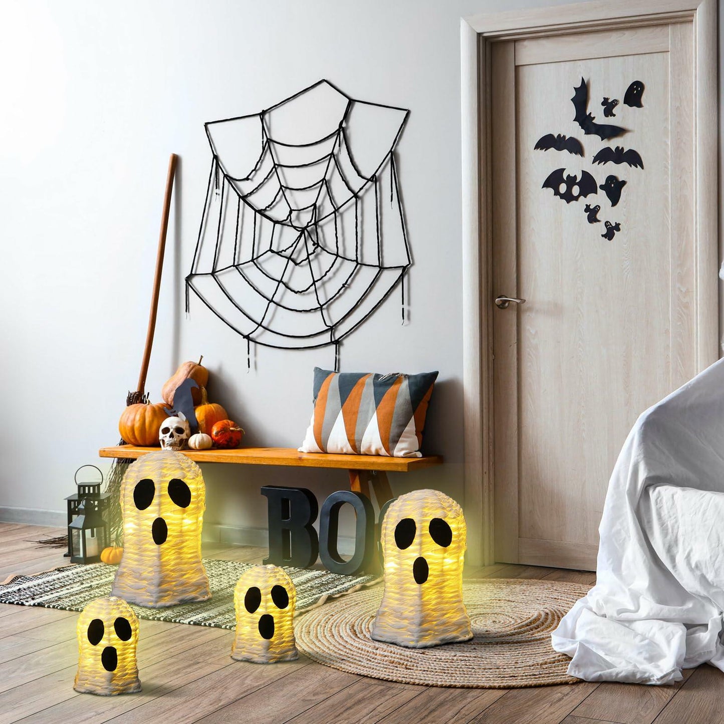 Soulchen Halloween Rattan Ghosts Decor 9.4" & 5.9" Light Up White 2 Pcs