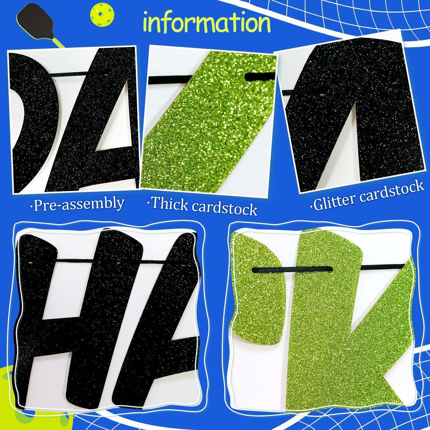 Little Man Happy Pickleball Day Banner Green Black Glitter Cardstock