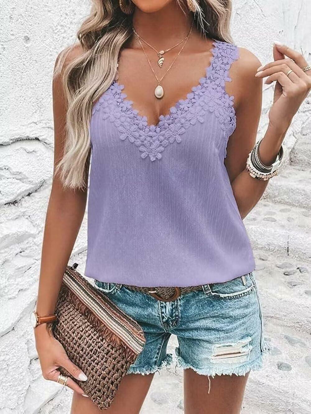 AIMITAG Guipure Lace Panel Tank Top Women V Neck Sleeveless Blouse Purple Size L