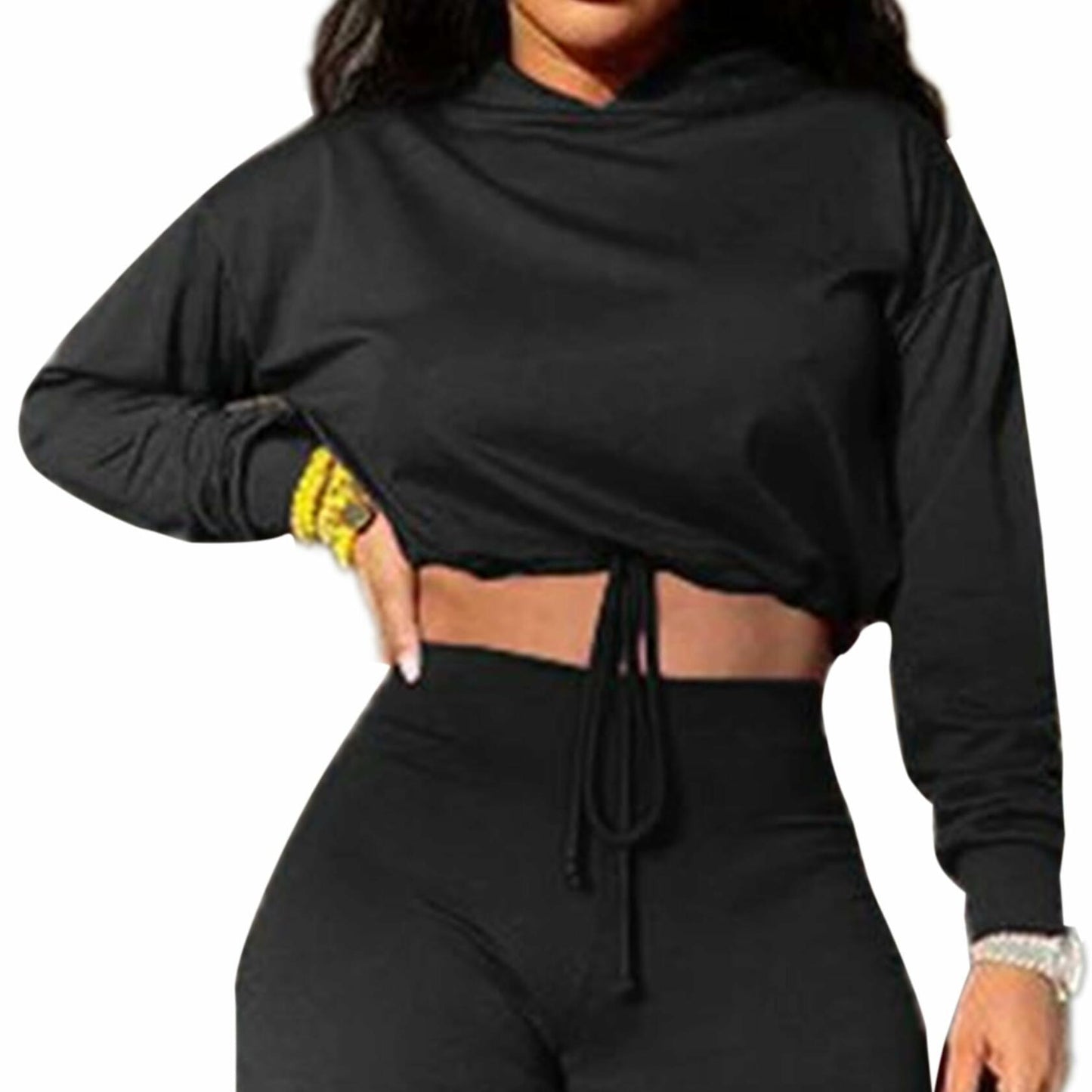 LovelyWholesale Womens Cropped Hoodie Long Sleeve Workout Top Black XL