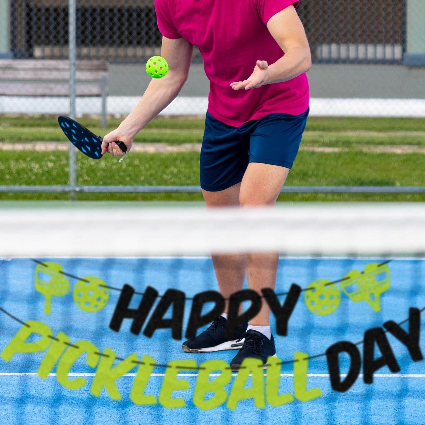 Little Man Happy Pickleball Day Banner Green Black Glitter Cardstock