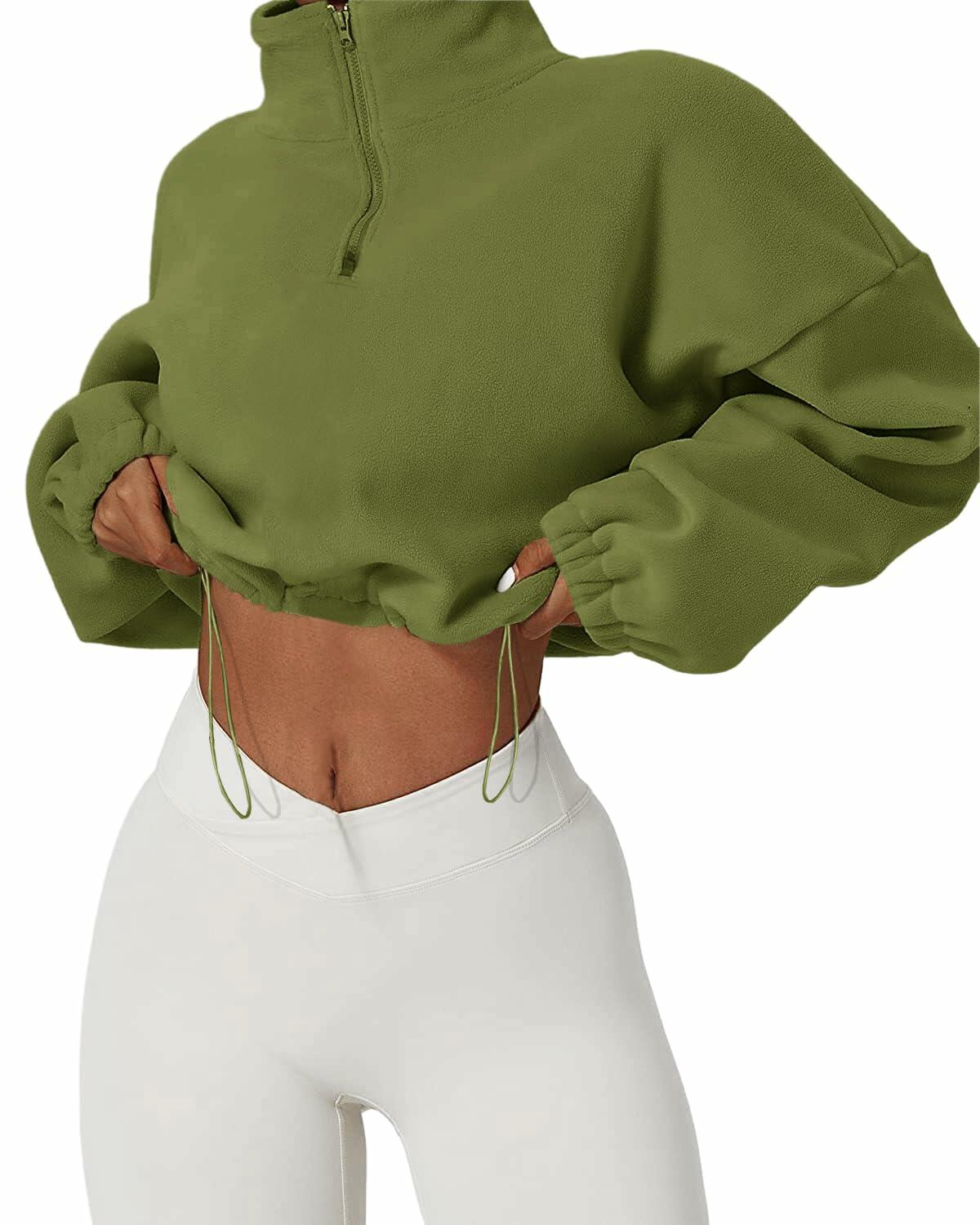 Muchpow Women's Casual Half Zip Fleece Crop Hoodie Khaki Size XL