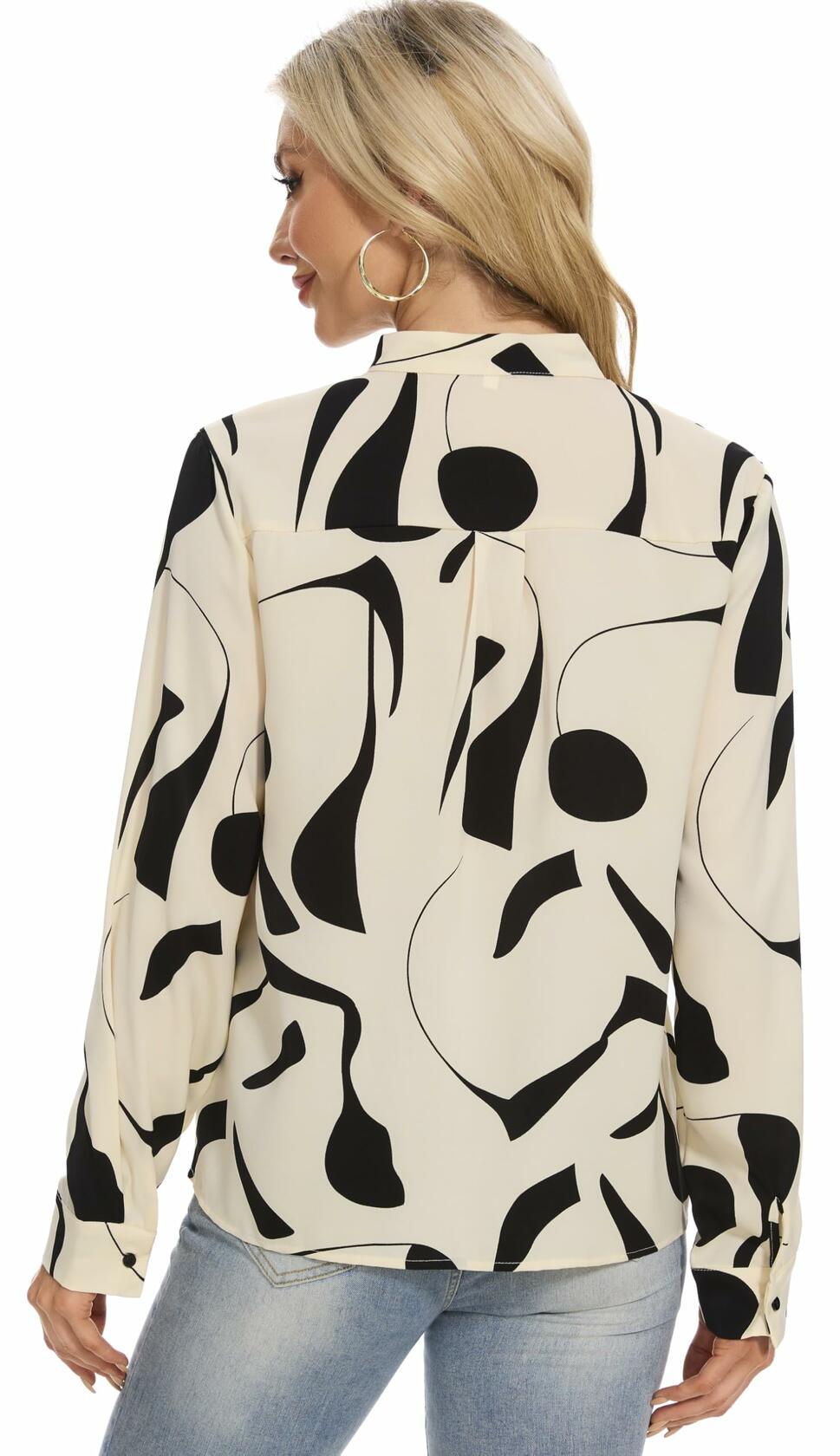 VIPONES Women V Neck Long Puff Sleeve Floral Blouse 530-floral White XL