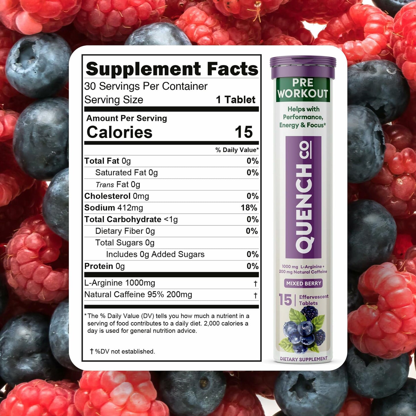 Quench Pre Workout Effervescent Tablets Vegan Keto 60 Count Mixed Berry