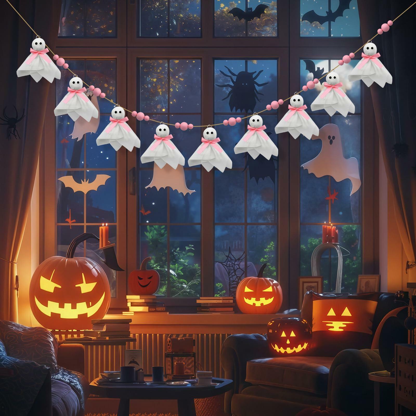 CRAFLOX Pink Halloween Garland Ghost Decor 6.6Ft Wooden Beads Small