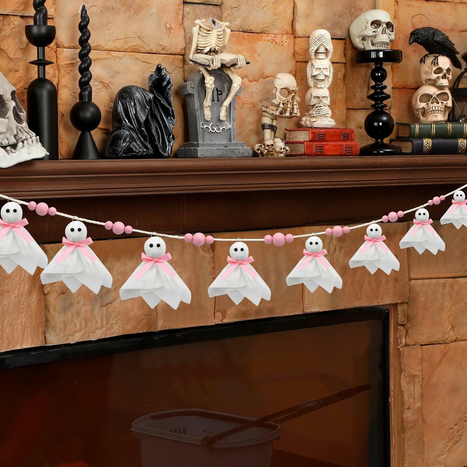 CRAFLOX Pink Halloween Garland Ghost Decor 6.6Ft Wooden Beads Small
