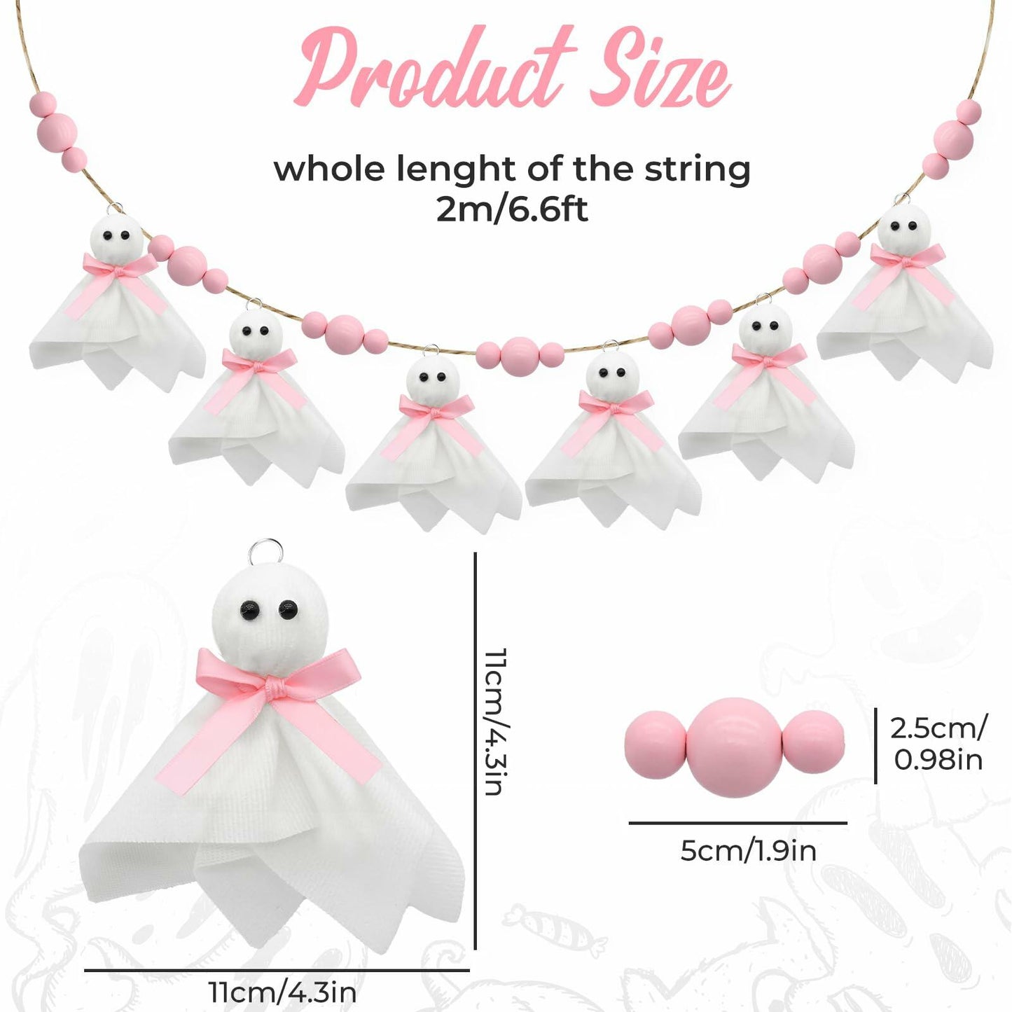 CRAFLOX Pink Halloween Garland Ghost Decor 6.6Ft Wooden Beads Small