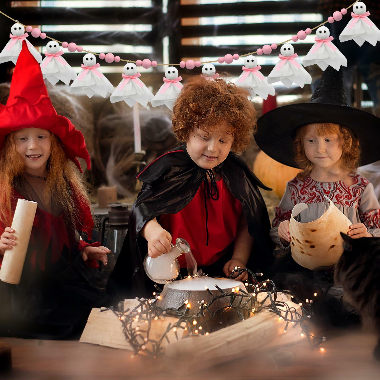 CRAFLOX Pink Halloween Garland Ghost Decor 6.6Ft Wooden Beads Small